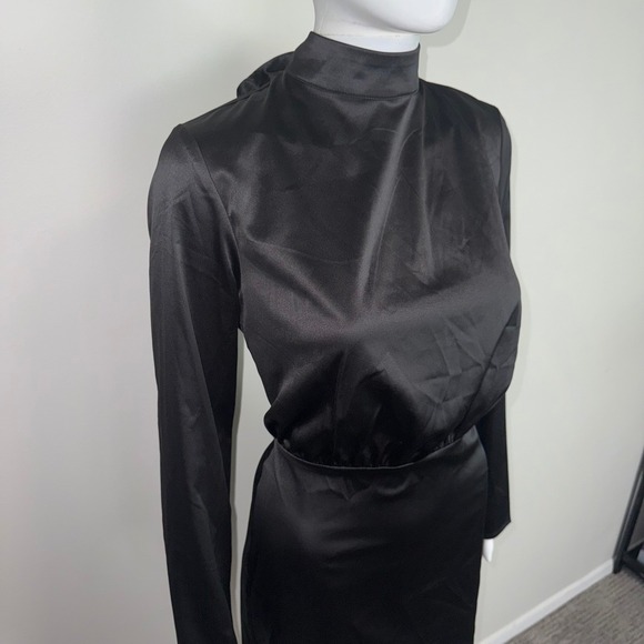 Commense Black Mini Dress Long Sleeve Mock Neck Tie Back Cocktail Bodycon M - Picture 5 of 17